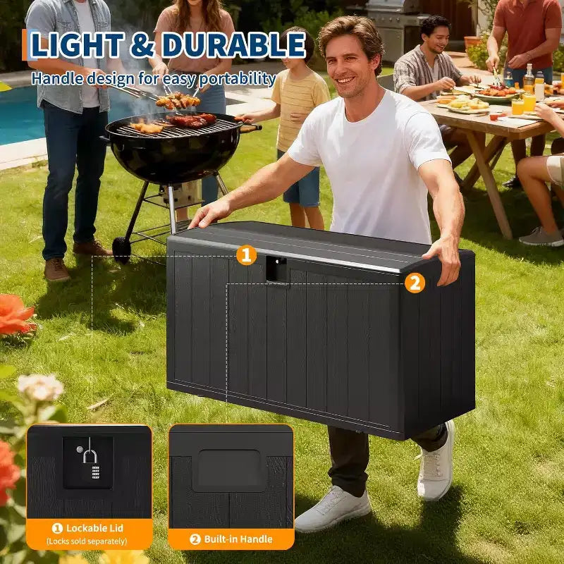 Coffre de rangement extérieur de 492 litres, grande boîte de rangement en résine à grain de bois, organisateur de patio étanche pour jardin, pelouse et bord de piscine