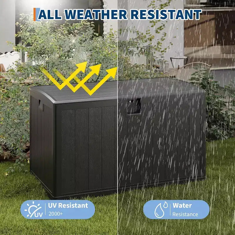 Coffre de rangement extérieur de 492 litres, grande boîte de rangement en résine à grain de bois, organisateur de patio étanche pour jardin, pelouse et bord de piscine