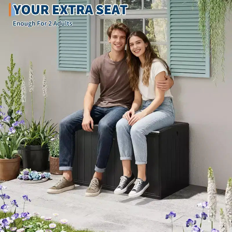 Coffre de rangement extérieur de 492 litres, grande boîte de rangement en résine à grain de bois, organisateur de patio étanche pour jardin, pelouse et bord de piscine