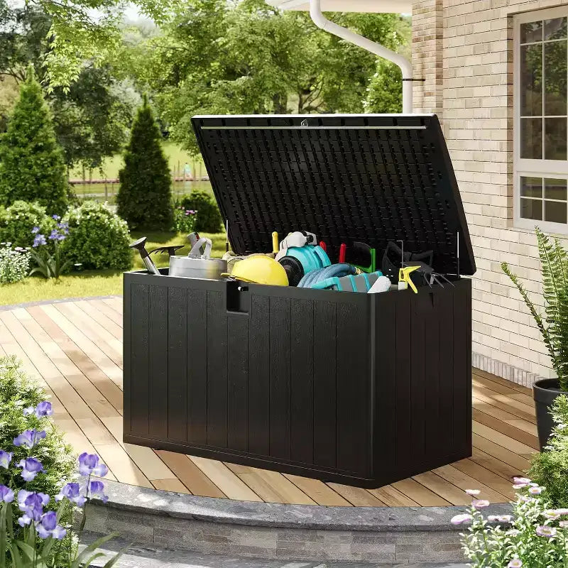 Coffre de rangement extérieur de 492 litres, grande boîte de rangement en résine à grain de bois, organisateur de patio étanche pour jardin, pelouse et bord de piscine