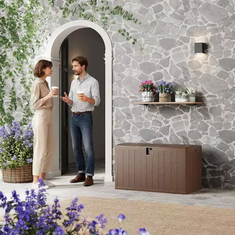 Coffre de rangement extérieur de 492 litres, grande boîte de rangement en résine à grain de bois, organisateur de patio étanche pour jardin, pelouse et bord de piscine