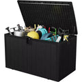 Coffre de rangement extérieur de 492 litres, grande boîte de rangement en résine à grain de bois, organisateur de patio étanche pour jardin, pelouse et bord de piscine