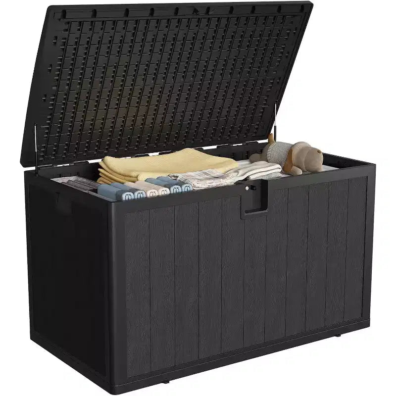 Coffre de rangement extérieur de 492 litres, grande boîte de rangement en résine à grain de bois, organisateur de patio étanche pour jardin, pelouse et bord de piscine