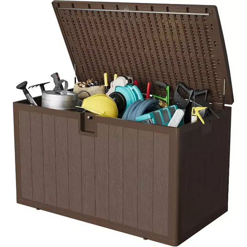 Acekool 130-Gallon Outdoor Storage Box, Large Resin Deck Bin with Wood Grain, Waterproof Patio Organizer for Garden, Lawn &amp; Poolside