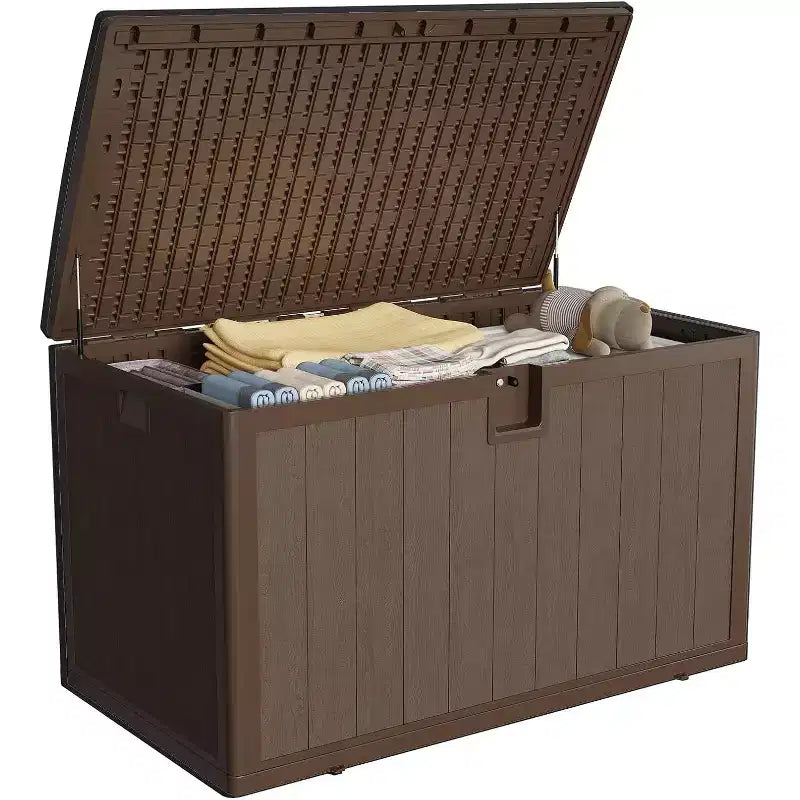 Coffre de rangement extérieur de 492 litres, grande boîte de rangement en résine à grain de bois, organisateur de patio étanche pour jardin, pelouse et bord de piscine