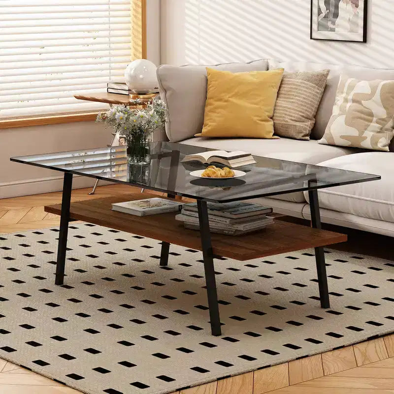 Zeus &amp; Ruta Modern Rectangle Coffee Table with Gray Tempered Glass Top &amp; Black Metal Legs