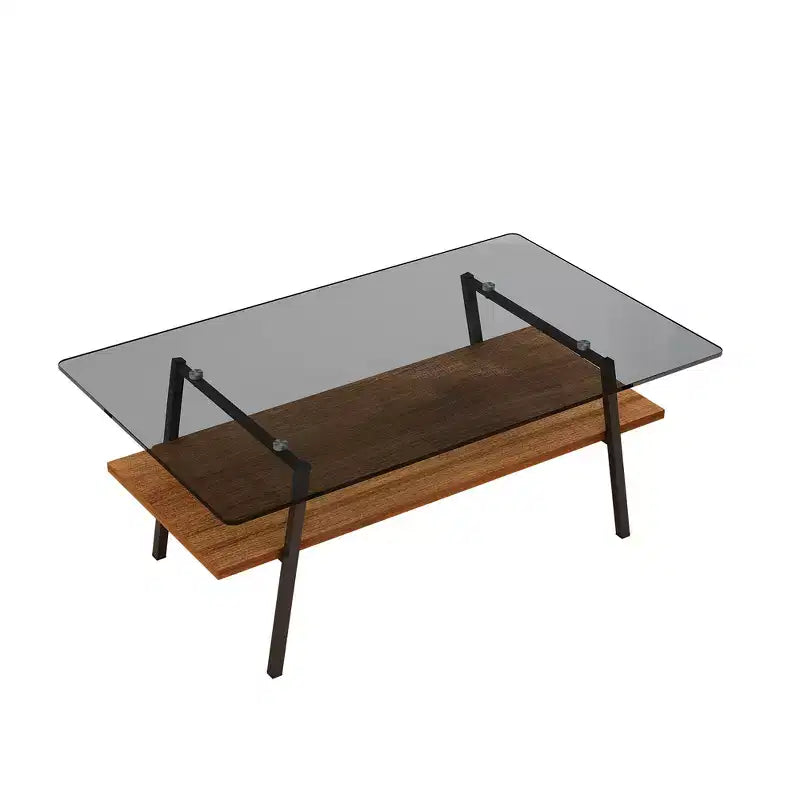 Table basse rectangulaire moderne avec plateau en verre trempé gris et pieds en métal noir