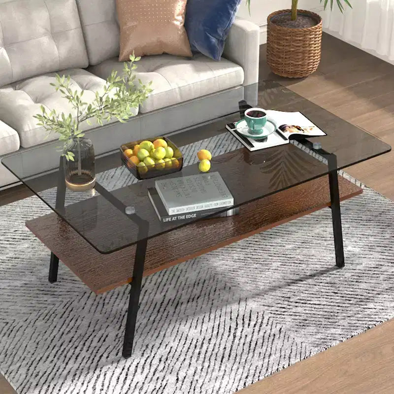 Table basse rectangulaire moderne avec plateau en verre trempé gris et pieds en métal noir