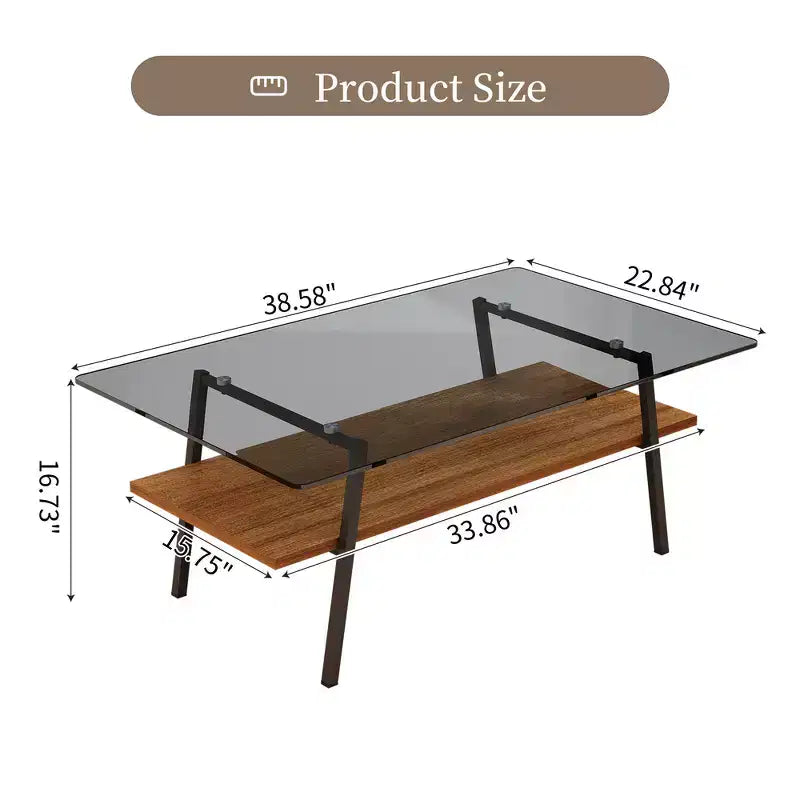 Table basse rectangulaire moderne avec plateau en verre trempé gris et pieds en métal noir