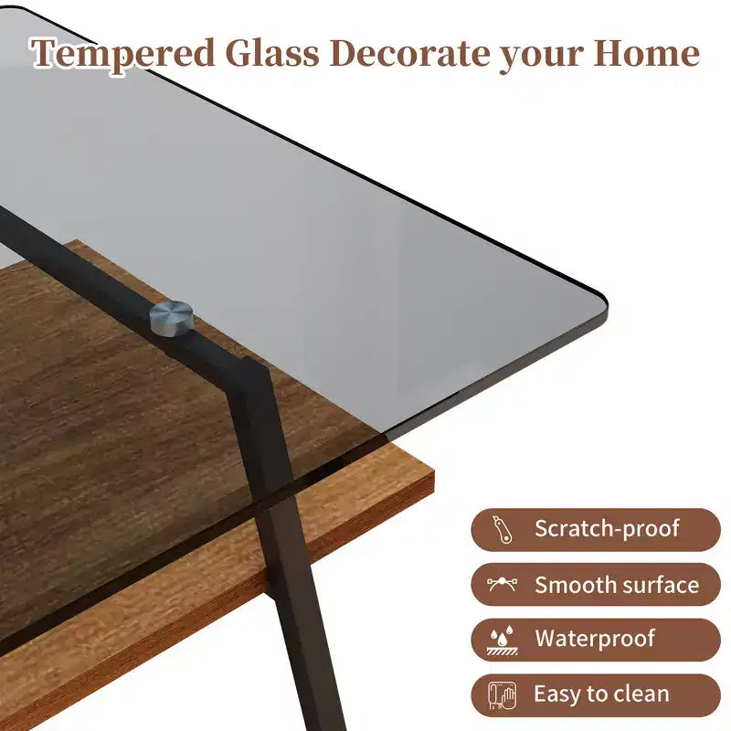 Table basse rectangulaire moderne avec plateau en verre trempé gris et pieds en métal noir