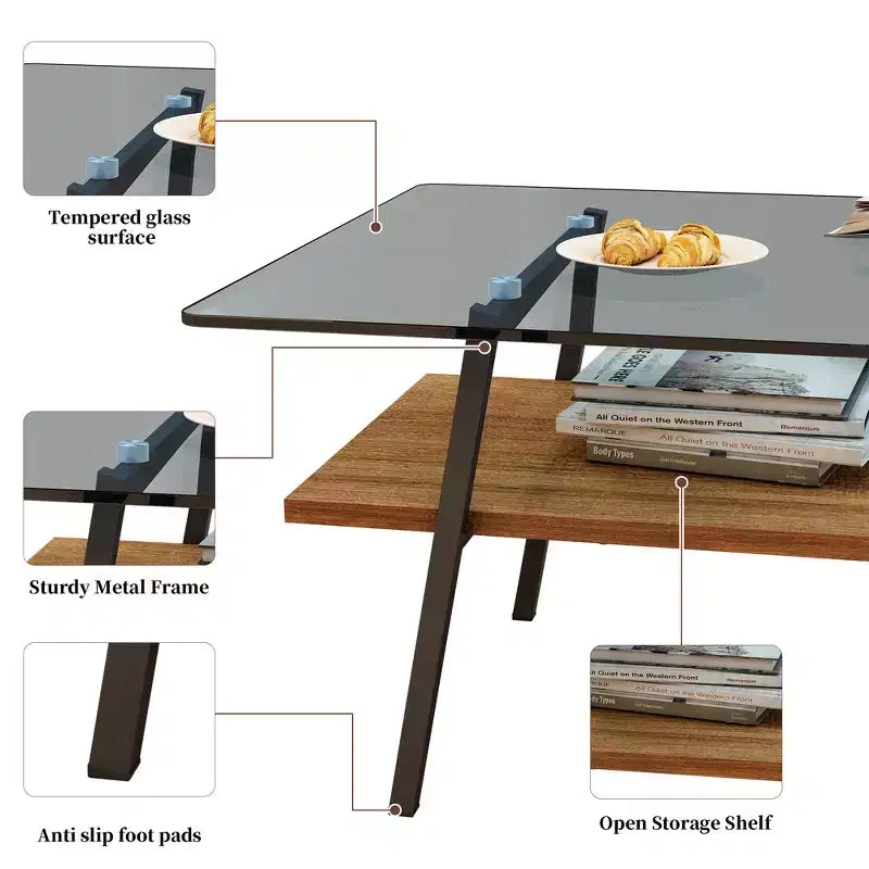 Table basse rectangulaire moderne avec plateau en verre trempé gris et pieds en métal noir