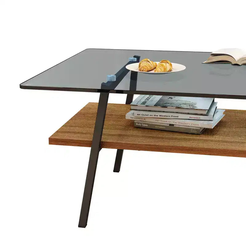 Table basse rectangulaire moderne avec plateau en verre trempé gris et pieds en métal noir