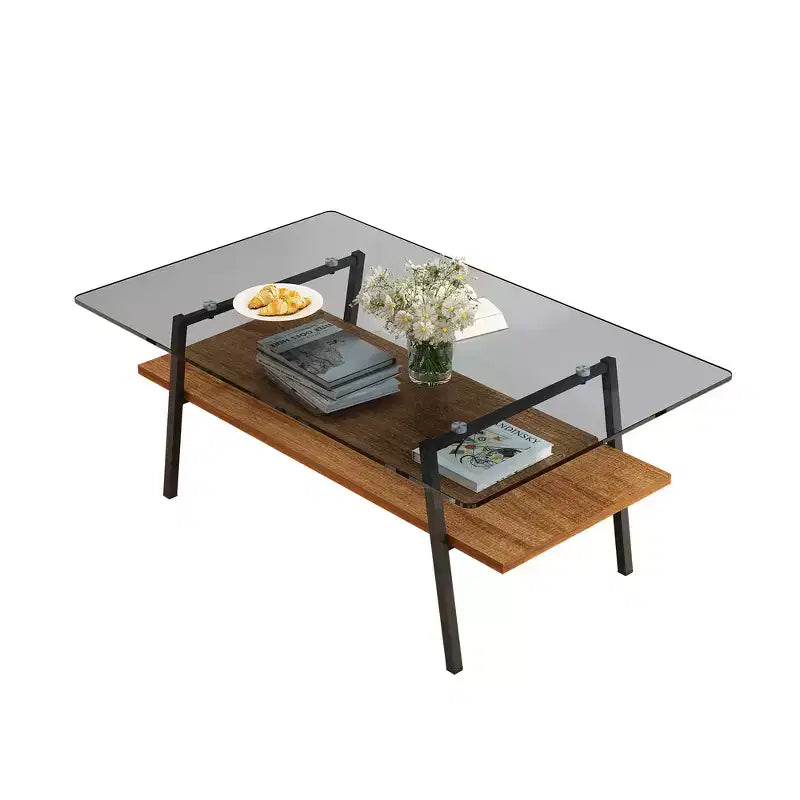 Table basse rectangulaire moderne avec plateau en verre trempé gris et pieds en métal noir