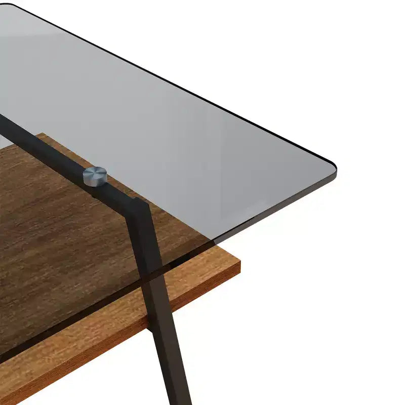 Table basse rectangulaire moderne avec plateau en verre trempé gris et pieds en métal noir