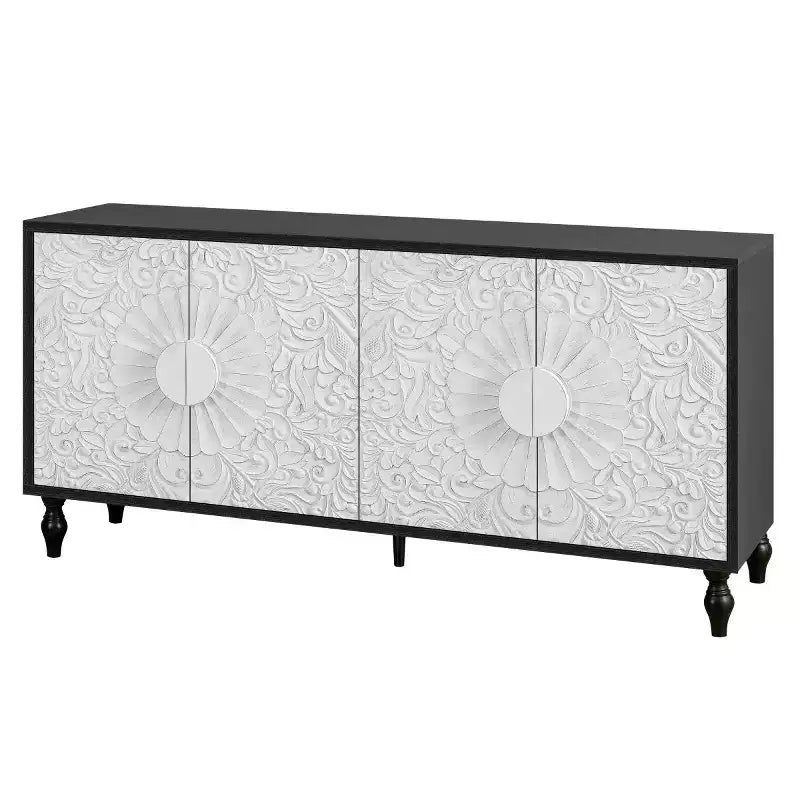 Bahut de 63 po de style bohème, meuble TV noir avec portes sculptées motif mandala floral
