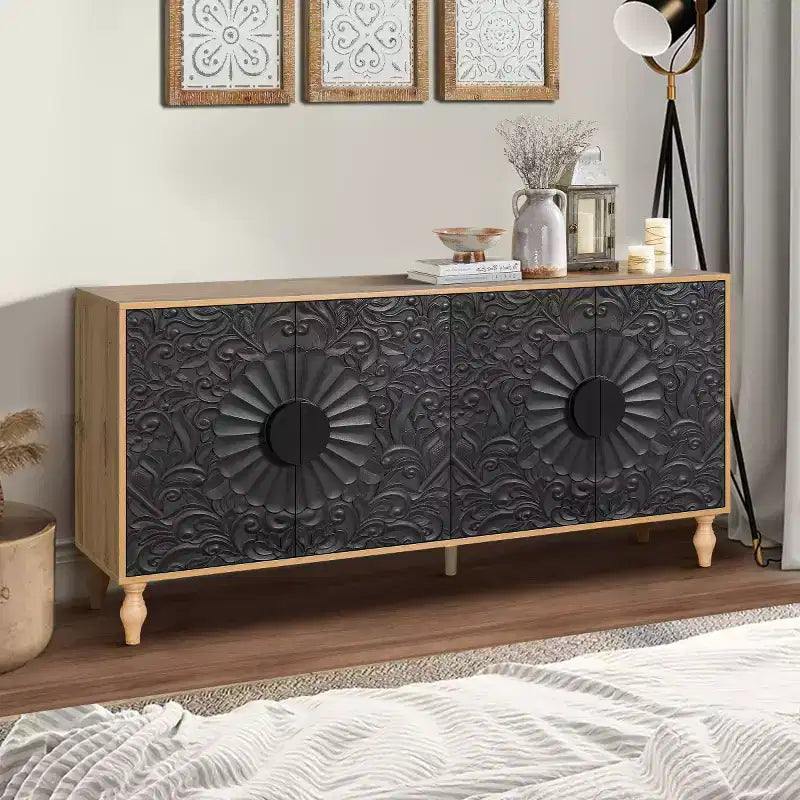 Bahut de 63 po de style bohème, meuble TV noir avec portes sculptées motif mandala floral