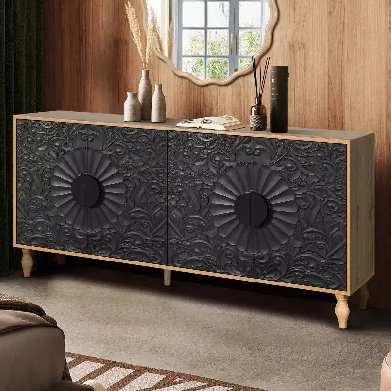 Bahut de 63 po de style bohème, meuble TV noir avec portes sculptées motif mandala floral