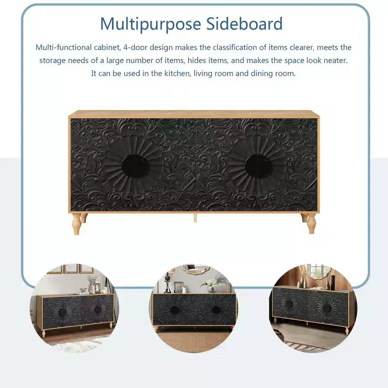 Bahut de 63 po de style bohème, meuble TV noir avec portes sculptées motif mandala floral