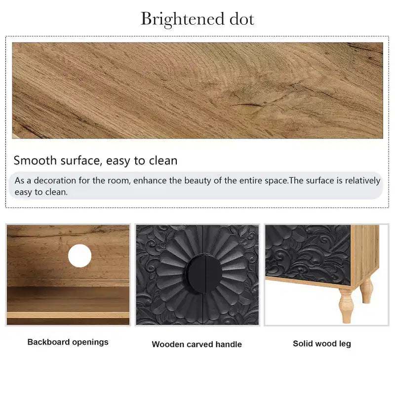 Bahut de 63 po de style bohème, meuble TV noir avec portes sculptées motif mandala floral