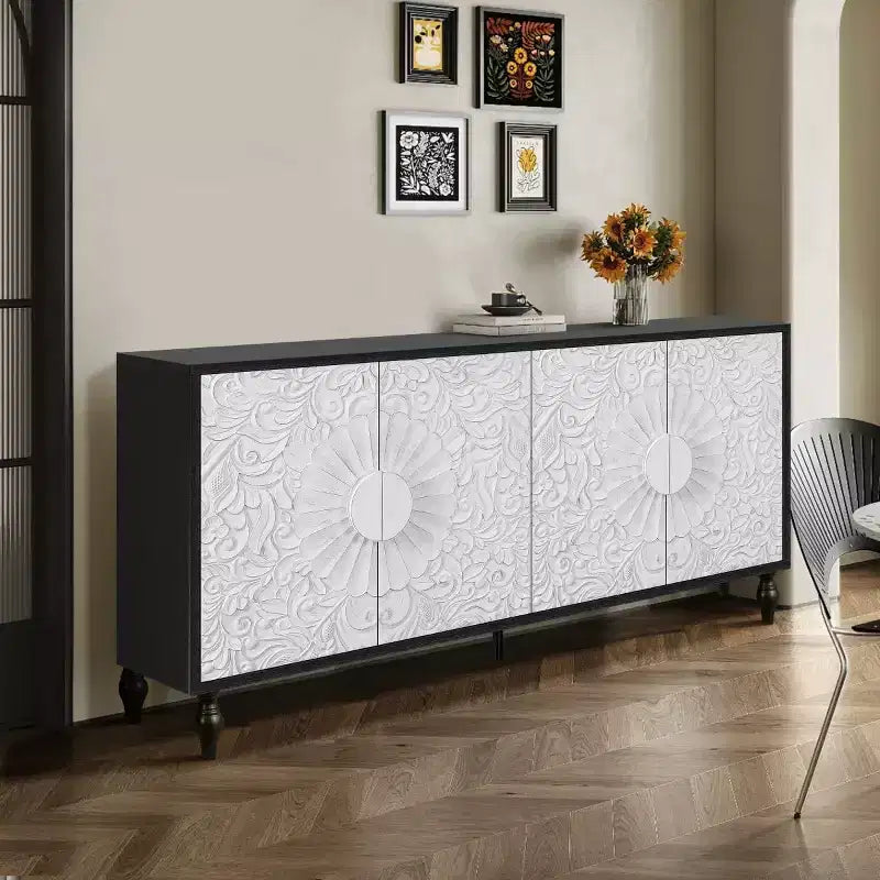Bahut de 63 po de style bohème, meuble TV noir avec portes sculptées motif mandala floral