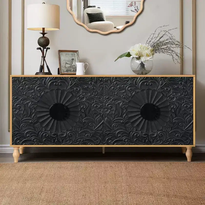 63 Boho Sideboard Buffet Cabinet, Black TV Stand Media Console with Carved Floral Mandala Doors - Panipeachy