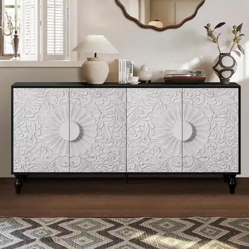 Bahut de 63 po de style bohème, meuble TV noir avec portes sculptées motif mandala floral