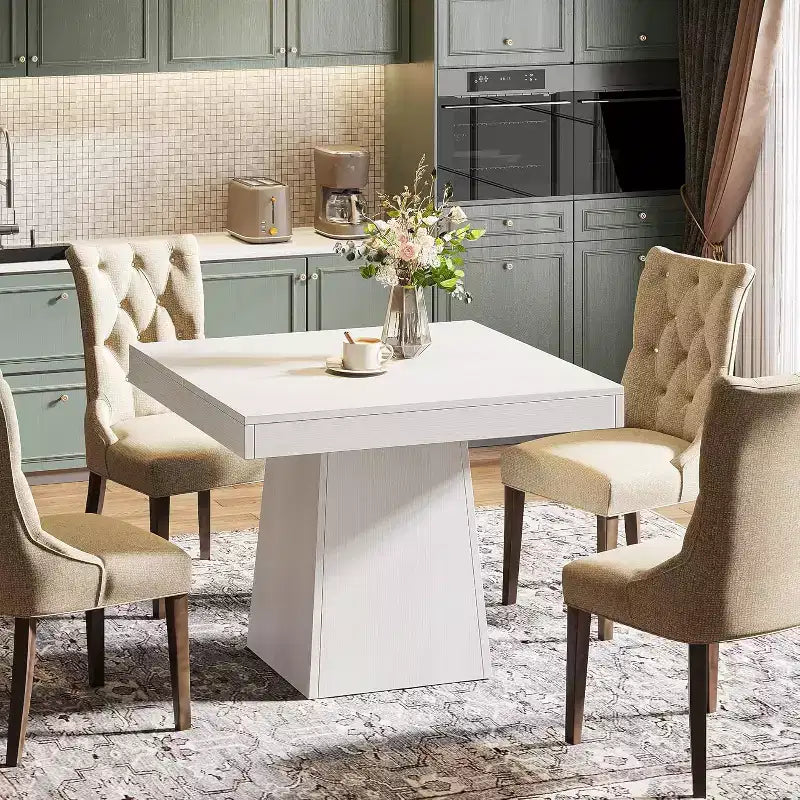 Table de salle à manger carrée pour 4 personnes, petite table de cuisine de 80 cm avec base piédestal robuste, table de ferme pour salle à manger, cuisine, blanc