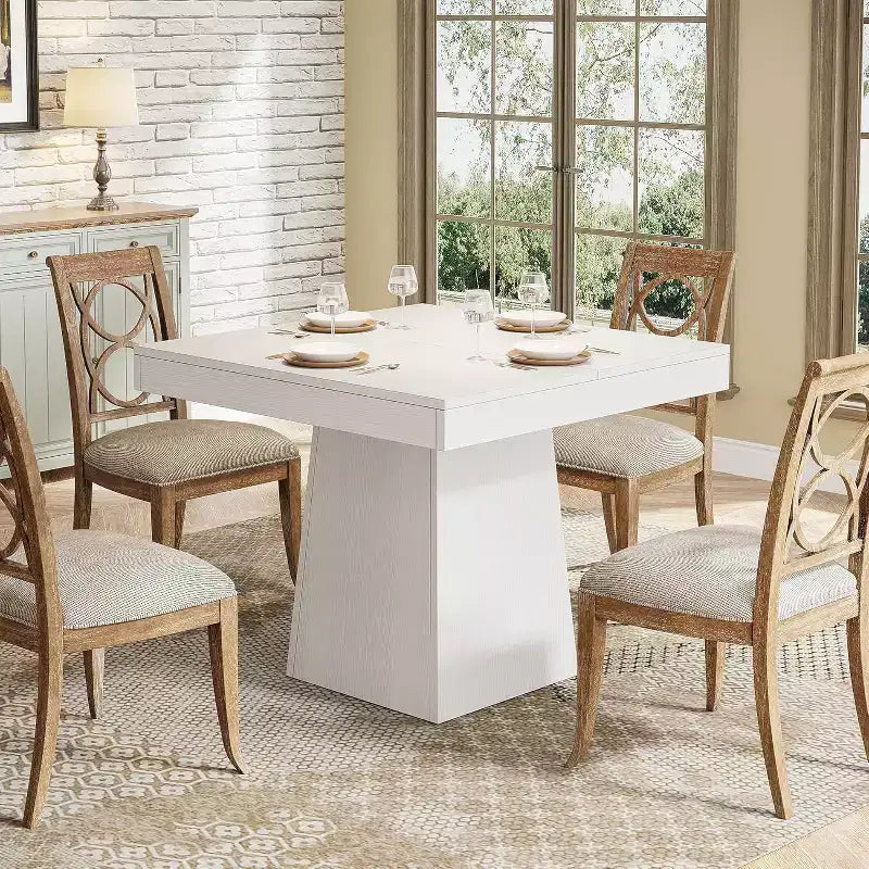 Table de salle à manger carrée pour 4 personnes, petite table de cuisine de 80 cm avec base piédestal robuste, table de ferme pour salle à manger, cuisine, blanc