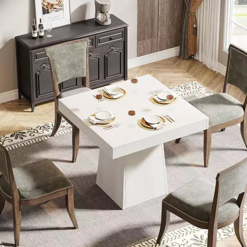 Table de salle à manger carrée pour 4 personnes, petite table de cuisine de 80 cm avec base piédestal robuste, table de ferme pour salle à manger, cuisine, blanc