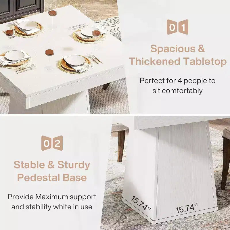 Table de salle à manger carrée pour 4 personnes, petite table de cuisine de 80 cm avec base piédestal robuste, table de ferme pour salle à manger, cuisine, blanc