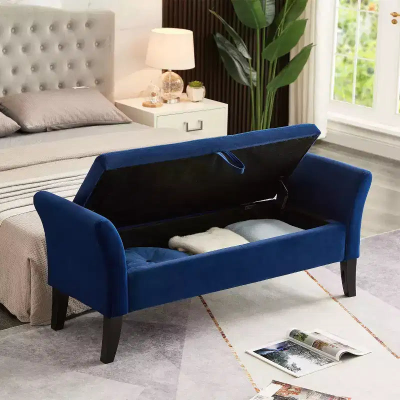 Banc de rangement en velours de 51,5 po avec accoudoirs et pieds en bois, banc de bout de lit avec siège rembourré, pouf de rangement pour la maison