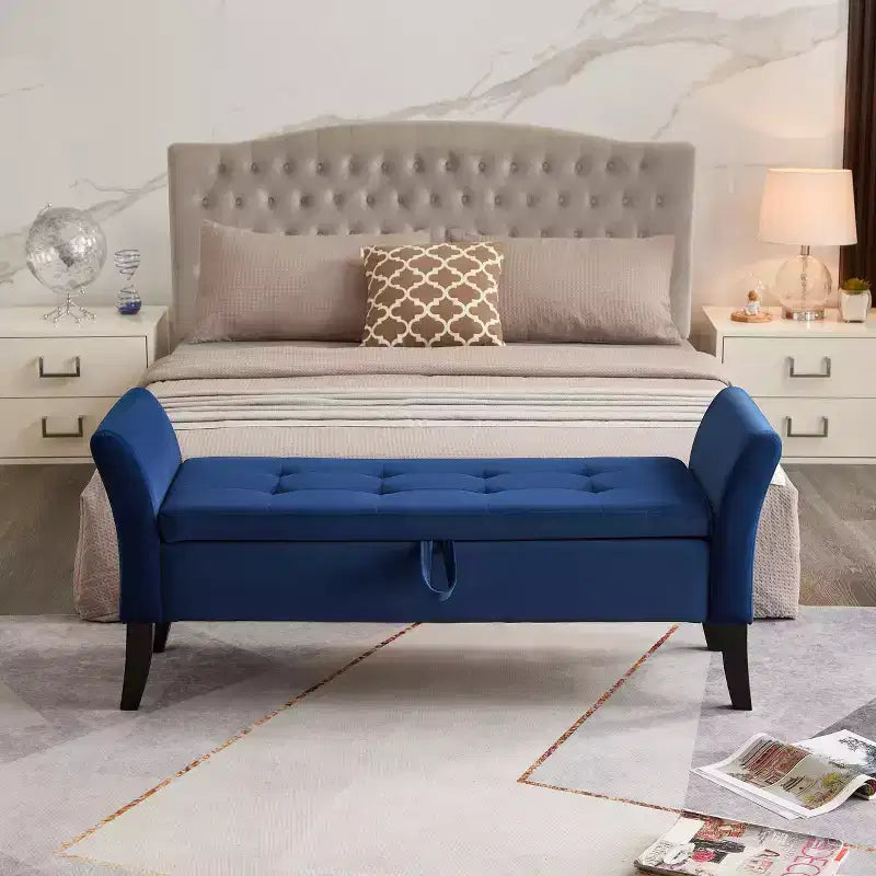 Banc de rangement en velours de 51,5 po avec accoudoirs et pieds en bois, banc de bout de lit avec siège rembourré, pouf de rangement pour la maison
