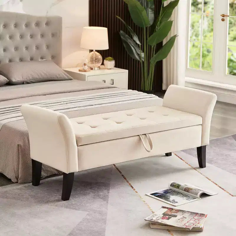 Banc de rangement en velours de 51,5 po avec accoudoirs et pieds en bois, banc de bout de lit avec siège rembourré, pouf de rangement pour la maison