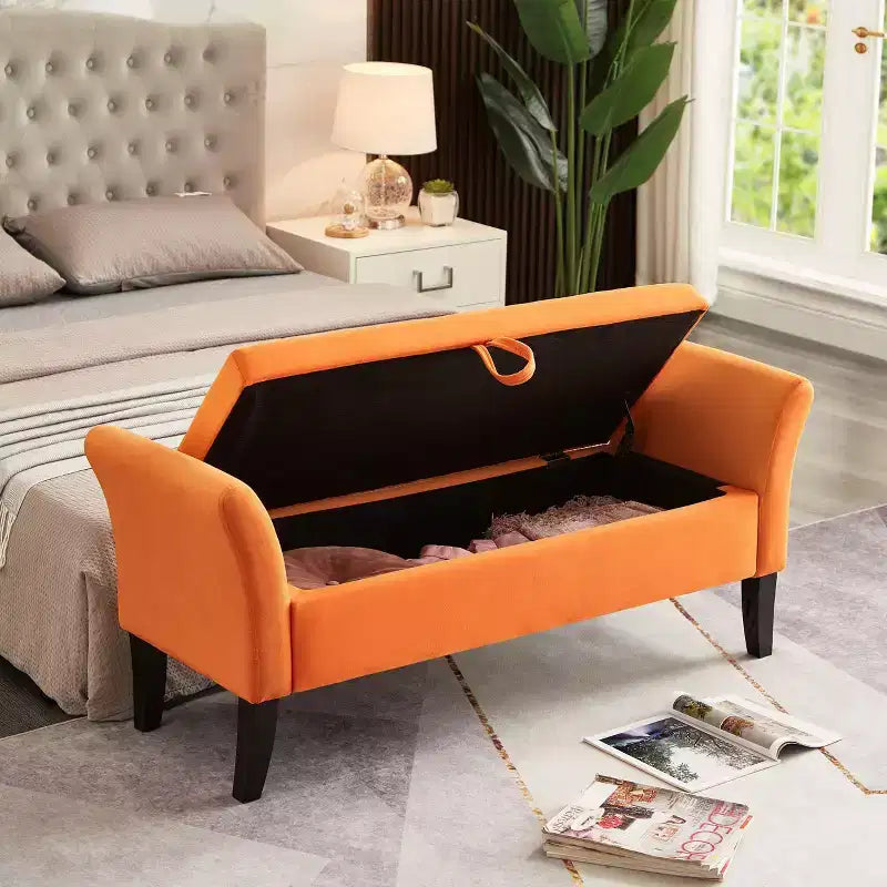 Banc de rangement en velours de 51,5 po avec accoudoirs et pieds en bois, banc de bout de lit avec siège rembourré, pouf de rangement pour la maison