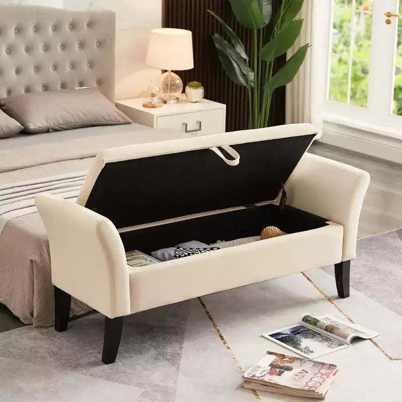 Banc de rangement en velours de 51,5 po avec accoudoirs et pieds en bois, banc de bout de lit avec siège rembourré, pouf de rangement pour la maison