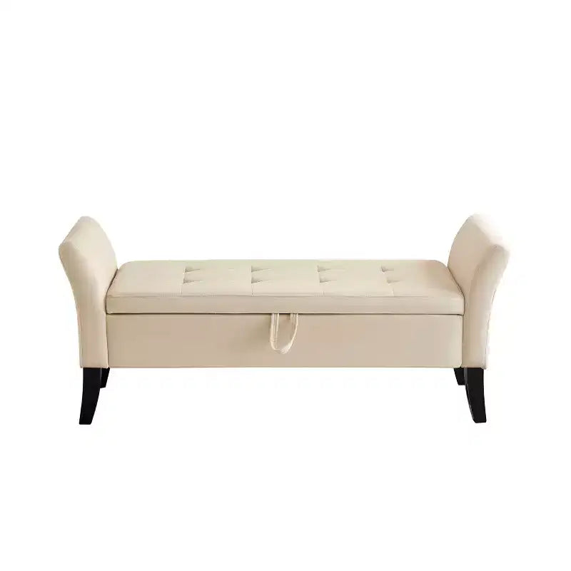 Banc de rangement en velours de 51,5 po avec accoudoirs et pieds en bois, banc de bout de lit avec siège rembourré, pouf de rangement pour la maison