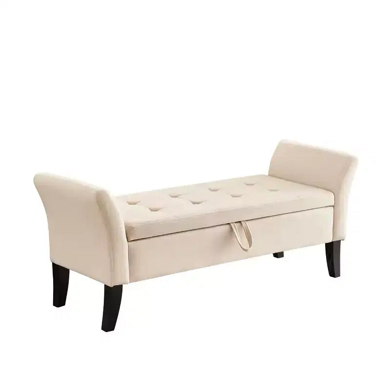 Banc de rangement en velours de 51,5 po avec accoudoirs et pieds en bois, banc de bout de lit avec siège rembourré, pouf de rangement pour la maison