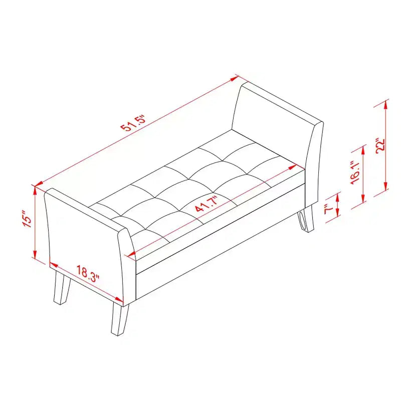 Banc de rangement en velours de 51,5 po avec accoudoirs et pieds en bois, banc de bout de lit avec siège rembourré, pouf de rangement pour la maison