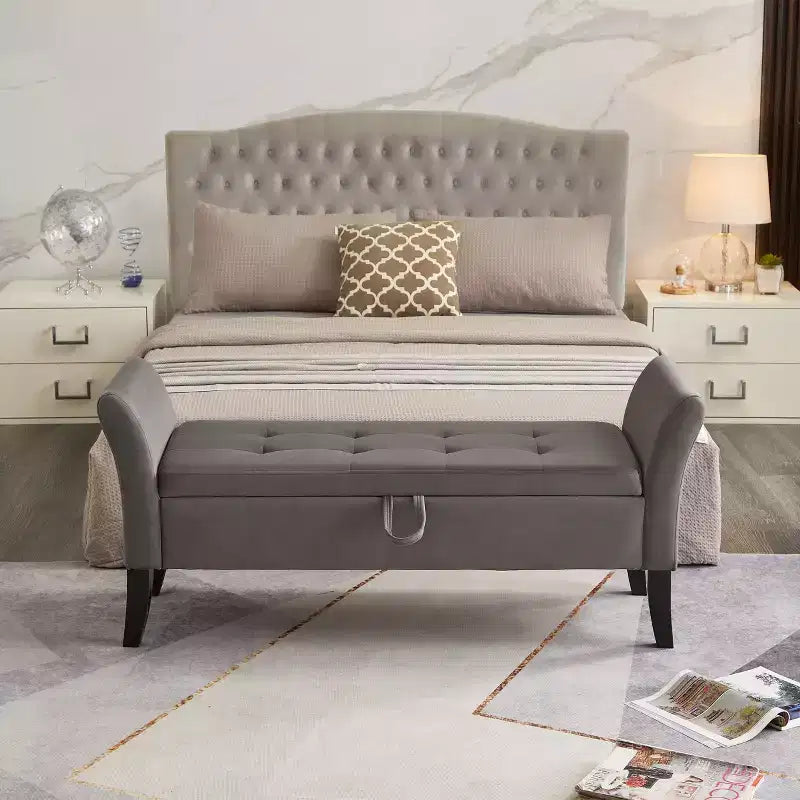 Banc de rangement en velours de 51,5 po avec accoudoirs et pieds en bois, banc de bout de lit avec siège rembourré, pouf de rangement pour la maison