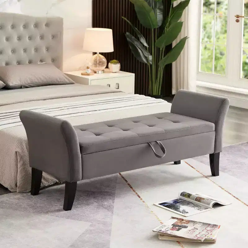 Banc de rangement en velours de 51,5 po avec accoudoirs et pieds en bois, banc de bout de lit avec siège rembourré, pouf de rangement pour la maison