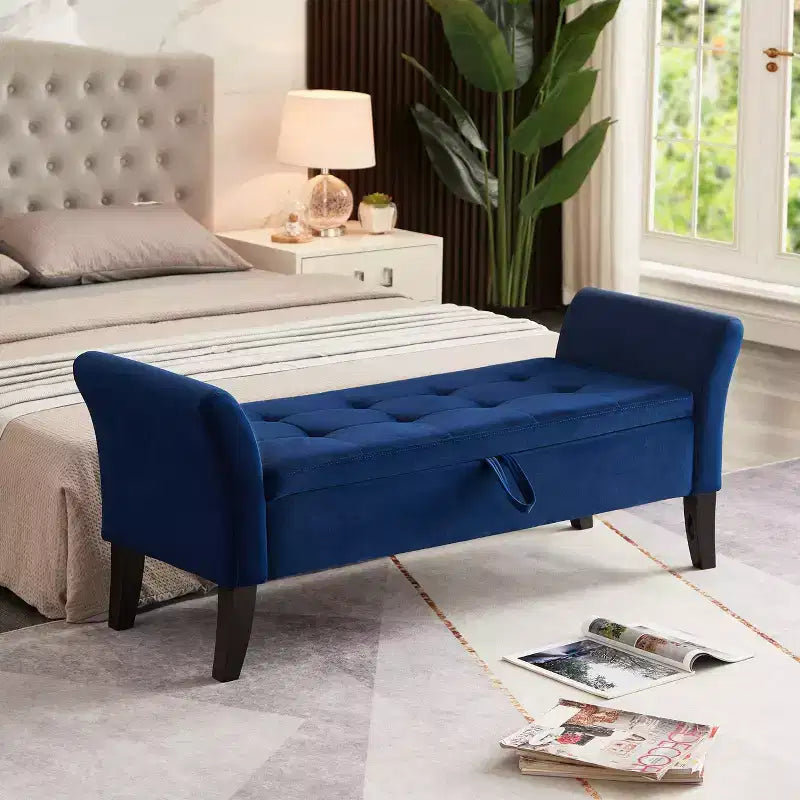 Banc de rangement en velours de 51,5 po avec accoudoirs et pieds en bois, banc de bout de lit avec siège rembourré, pouf de rangement pour la maison