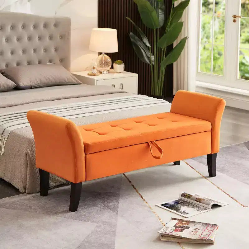 Banc de rangement en velours de 51,5 po avec accoudoirs et pieds en bois, banc de bout de lit avec siège rembourré, pouf de rangement pour la maison