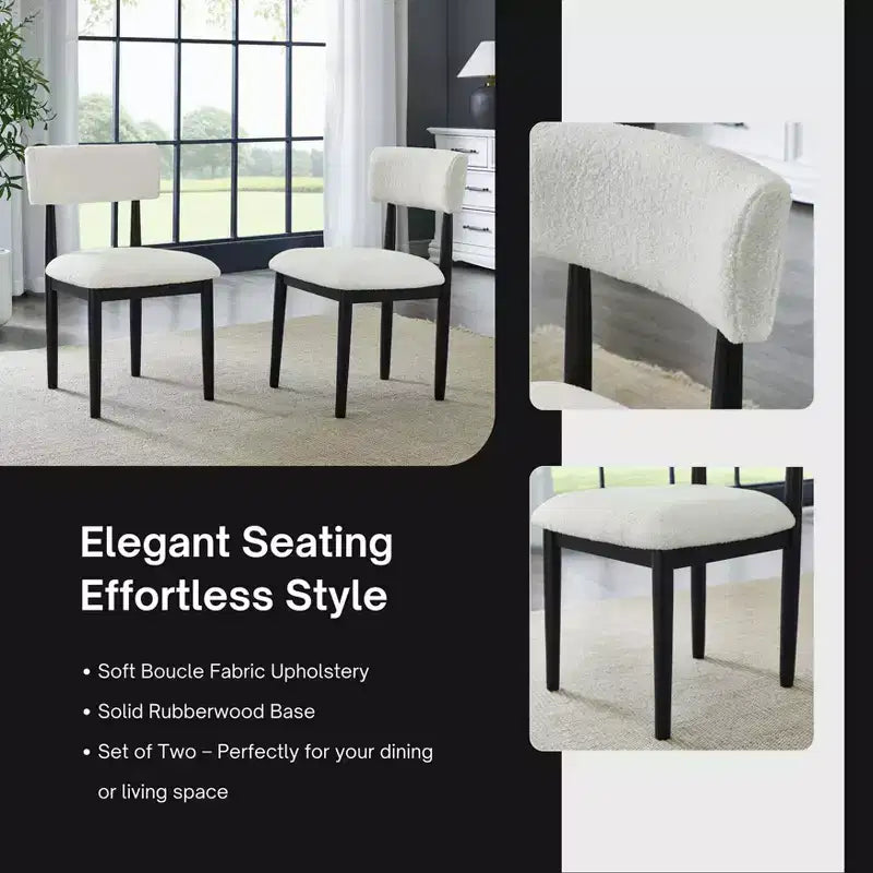 Lot de 2 chaises de salle à manger modernes en tissu bouclé, chaises de salle à manger rembourrées avec dossier incurvé et cadre en bois d'hévéa