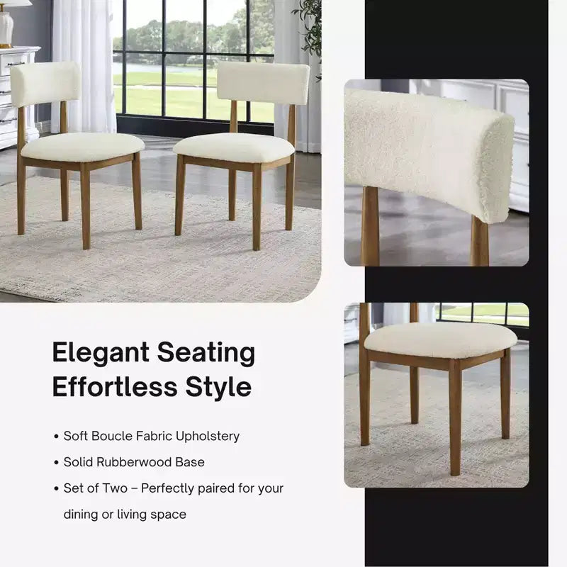 Lot de 2 chaises de salle à manger modernes en tissu bouclé, chaises de salle à manger rembourrées avec dossier incurvé et cadre en bois d'hévéa