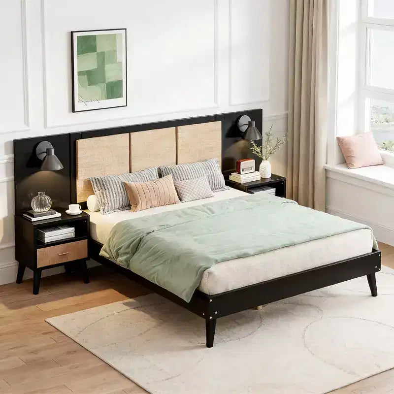 Luxystar Queen Size Wood Platform Bed with 2 Nightstands, 2Lamps and Rattan Headboard, Black