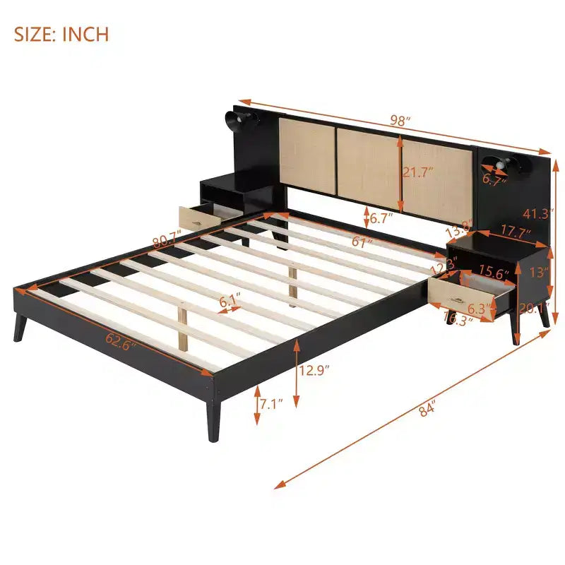 Lit plateforme en bois Queen Size avec 2 tables de chevet, 2 lampes et tête de lit en rotin, Noir