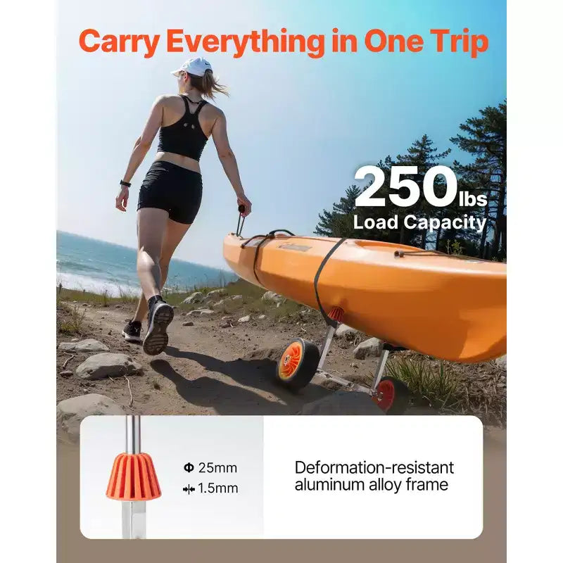 Chariot de kayak, capacité de charge de 113 kg, chariot de canoë avec pneus en caoutchouc solide de 7,5 pouces et béquille, multicolore
