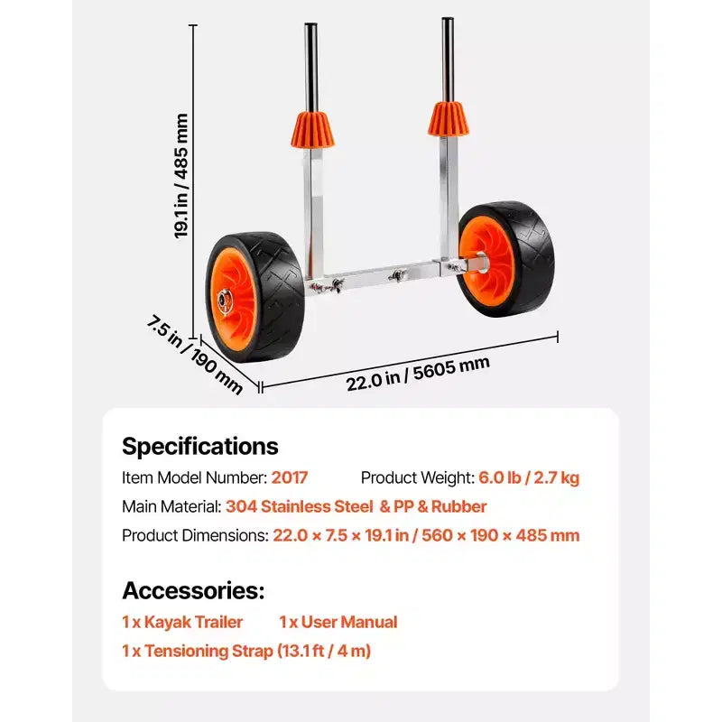 Chariot de kayak, capacité de charge de 113 kg, chariot de canoë avec pneus en caoutchouc solide de 7,5 pouces et béquille, multicolore