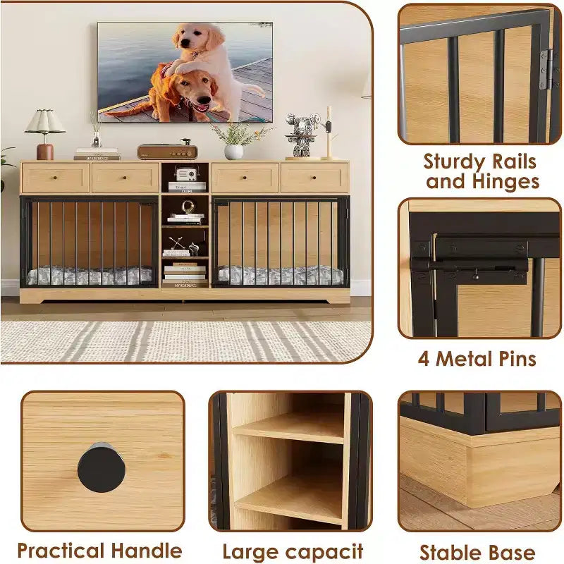 82 Meubles doubles pour cage de chien, grande niche d'intérieur pour 2 chiens, meuble TV en bois robuste avec 4 tiroirs et étagères