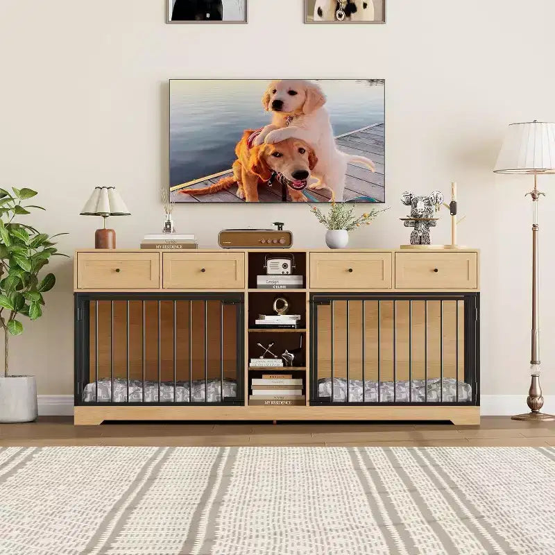 82 Meubles doubles pour cage de chien, grande niche d'intérieur pour 2 chiens, meuble TV en bois robuste avec 4 tiroirs et étagères